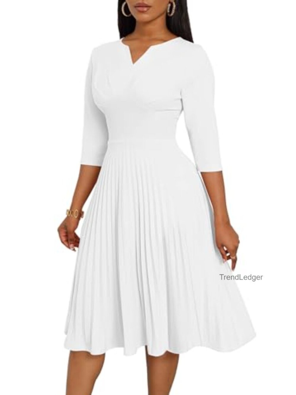 CLOCOR Pleated Midi Dress 3/4 Sleeve Empire Waist Church Dress with Pockets
